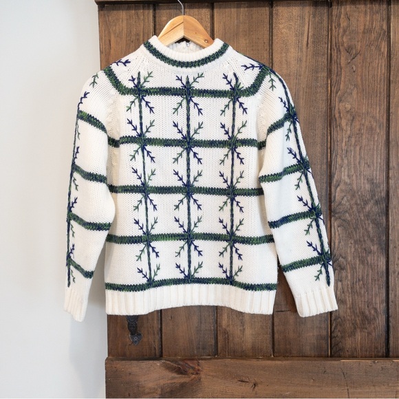 Handmade Sweaters - Vintage Handknit Cottagecore Cabincore Mock Neck Cross Stitch Sweater Small